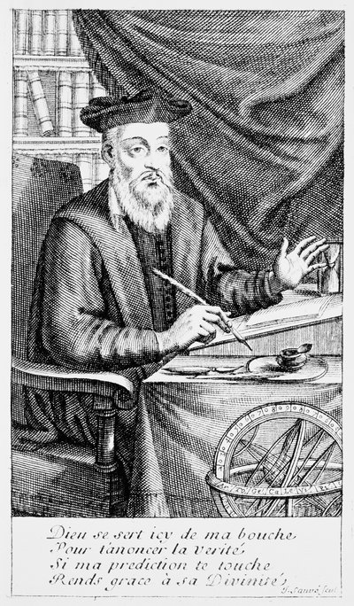 ノストラダムスが予言を書く（bw engraving） 作： Jean Sauvé